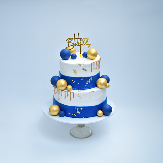 Luxury Two-Tier Blue & Gold Birthday Cake (Buttercream)