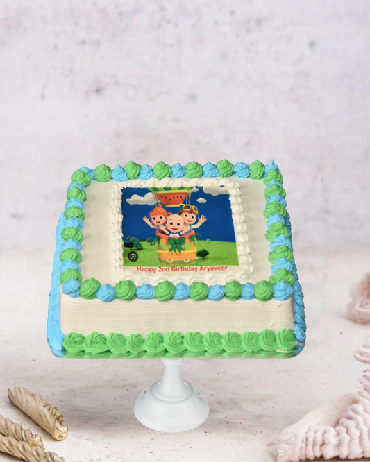 Square Edible image cake with blue and green mini Rosette piping (PC674)