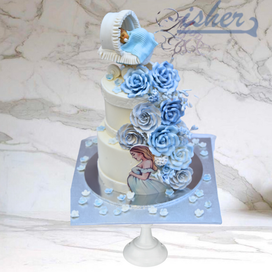 Floral Buggy Delight Cake With’ Mum To Be’ Cake Topper (Available In Buttercream Or Fondant Icing)